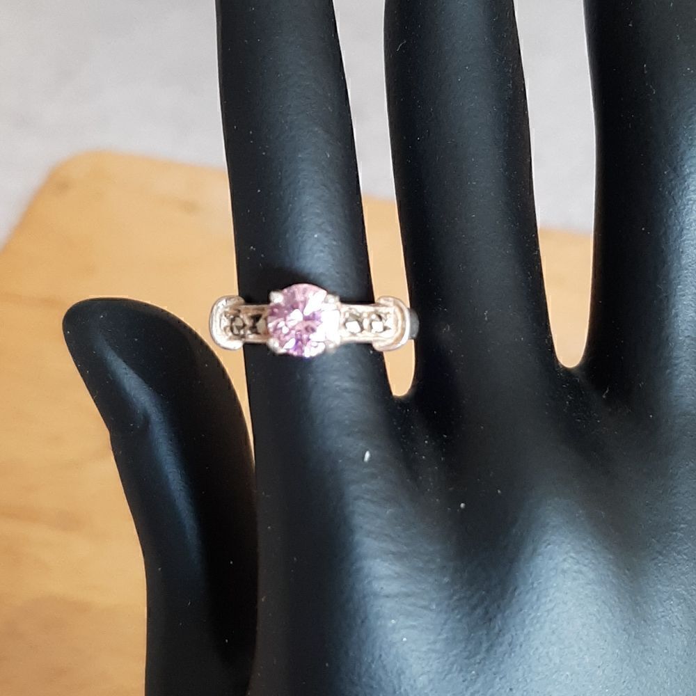 Sterling silver ring with pinkish glass stone and marcasite